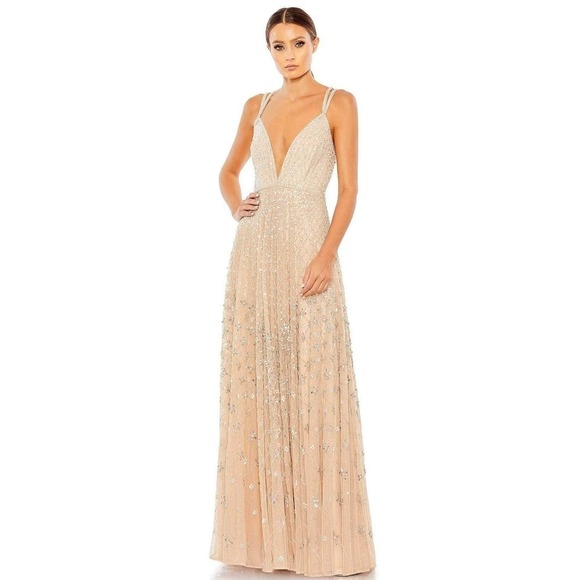 Mac Duggal Plunging V-Neck A-Line Maxi Dress Natural Size 4 NWT - Picture 3 of 13